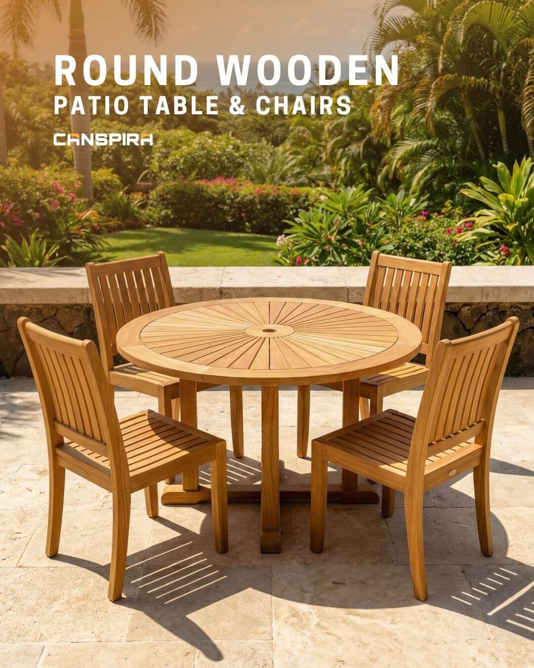 round wooden patio table and chairs